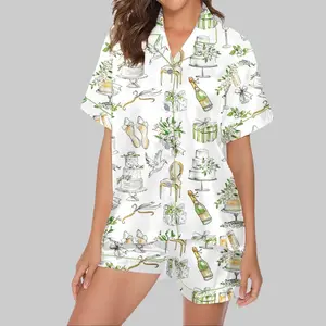 Watercolor Wedding Satin Short Pajama Set, Whimsical Summer Short Pajamas, Matching Family Sleepwear Set, Dolce Vita Bridal Party Gift, Pajama Set For Men Women Kids