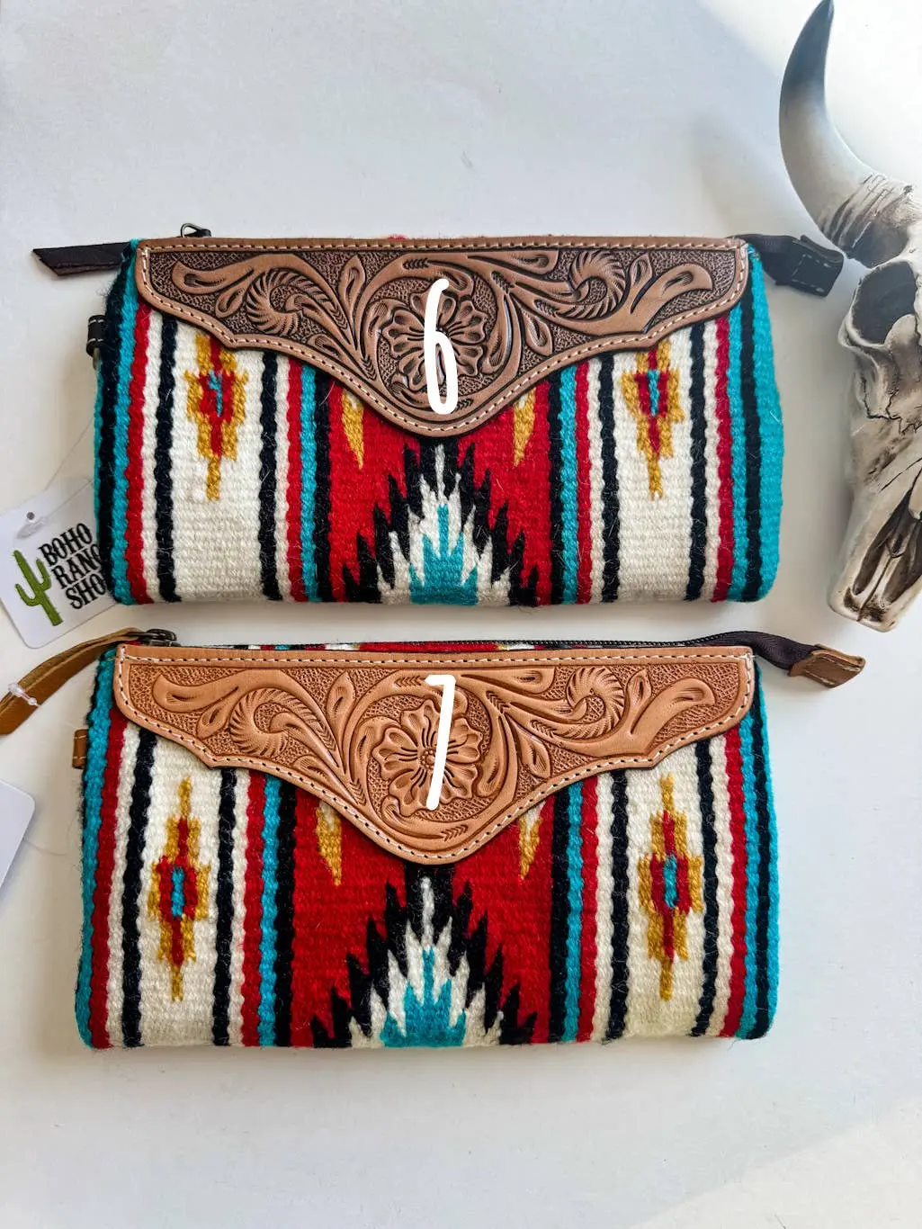 Western Aztec Fabric Tooled Leather Wristlet