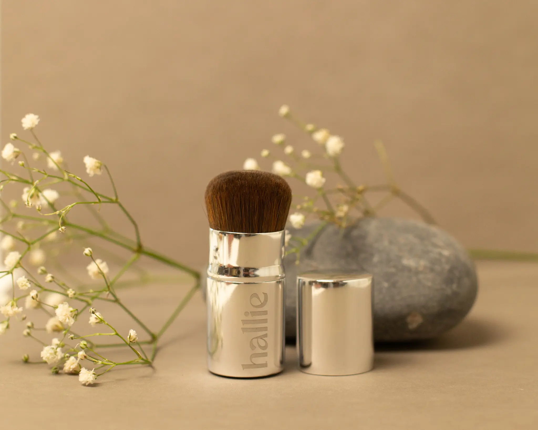 hallie Compact Covered Makeup Brush for Powder Bronzer Ultra Soft Vegan Bristles Travel Friendly Hygienic Application