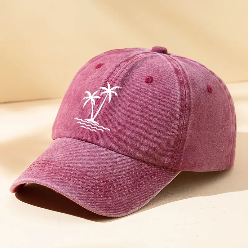 Women's Washed Distressed Polyester Baseball Cap - Coconut Tree Embroidery, Breathable Casual, Adjustable Fit, Machine Washable, Fashion Accessory, Washed Look, Embroidered Hats, Female, Washed And Distressed