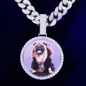Hip Hop Large Round Photo Pendant Necklace | Iced Out Copper Chain with Cubic Zirconia | Trendy Street Style Jewelry