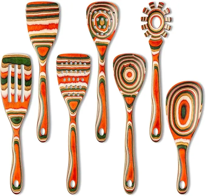 7-Piece Red Wooden Cooking Utensils, Wooden Spoons for Cooking,Wooden Spoon Set, Wooden Kitchen Utensil set, Pakkawood kitchen Utensils for Serving, B