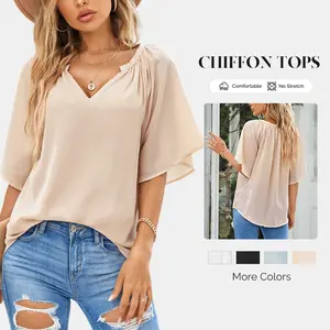 Shewin Women's 2025 Summer Batwing Top V Neck Loose Fit Chiffon Blouse Shirt Casual Pleated Flowy Tunic Tops for Work Comfortable No Stretch Basic Style Beige