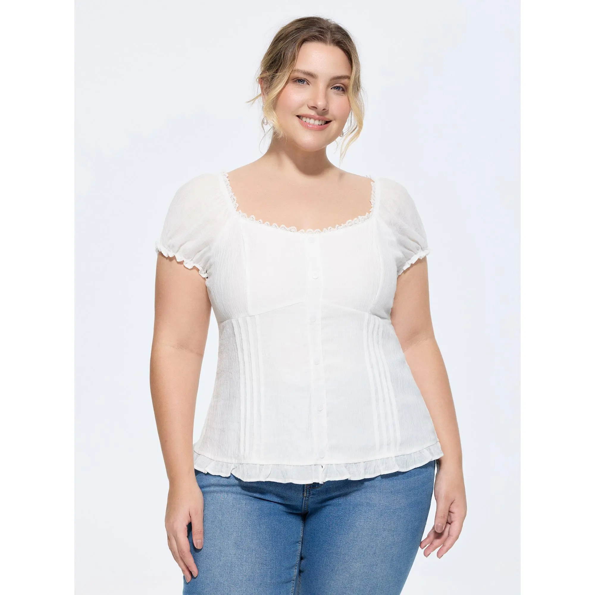 BloomChic Blouse for Plus Size, Original Romantic Smocked Crop Top with Sheer Lace, Cap Sleeves, and Ruffled Hem, Going Out Style Inspo, Smooth, Polyester, Nylon, Rayon, Fabric, Cropped, Shirts, Plus Size Tops, Trendy Blouses, Cropped Top