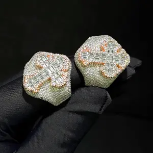 Two Tone Color Cross Finger Ring Iced Out Bling 5A Cubic Zircon Prong Setting Fashion Luxulry Men Hip Hop Finger Jewelry