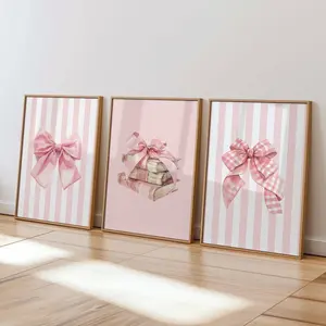 Set of Three Coquette Bow Prints, Pink Preppy Coquette Room, Girly Bow Wall Art, Trendy Dorm Poster, Bedroom Artistic Decor