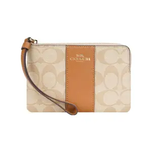 COACH Corner Zip 16 Classic Monogram Canvas and Leather Clutch Bag for Women, Small Size, Brown and Khaki