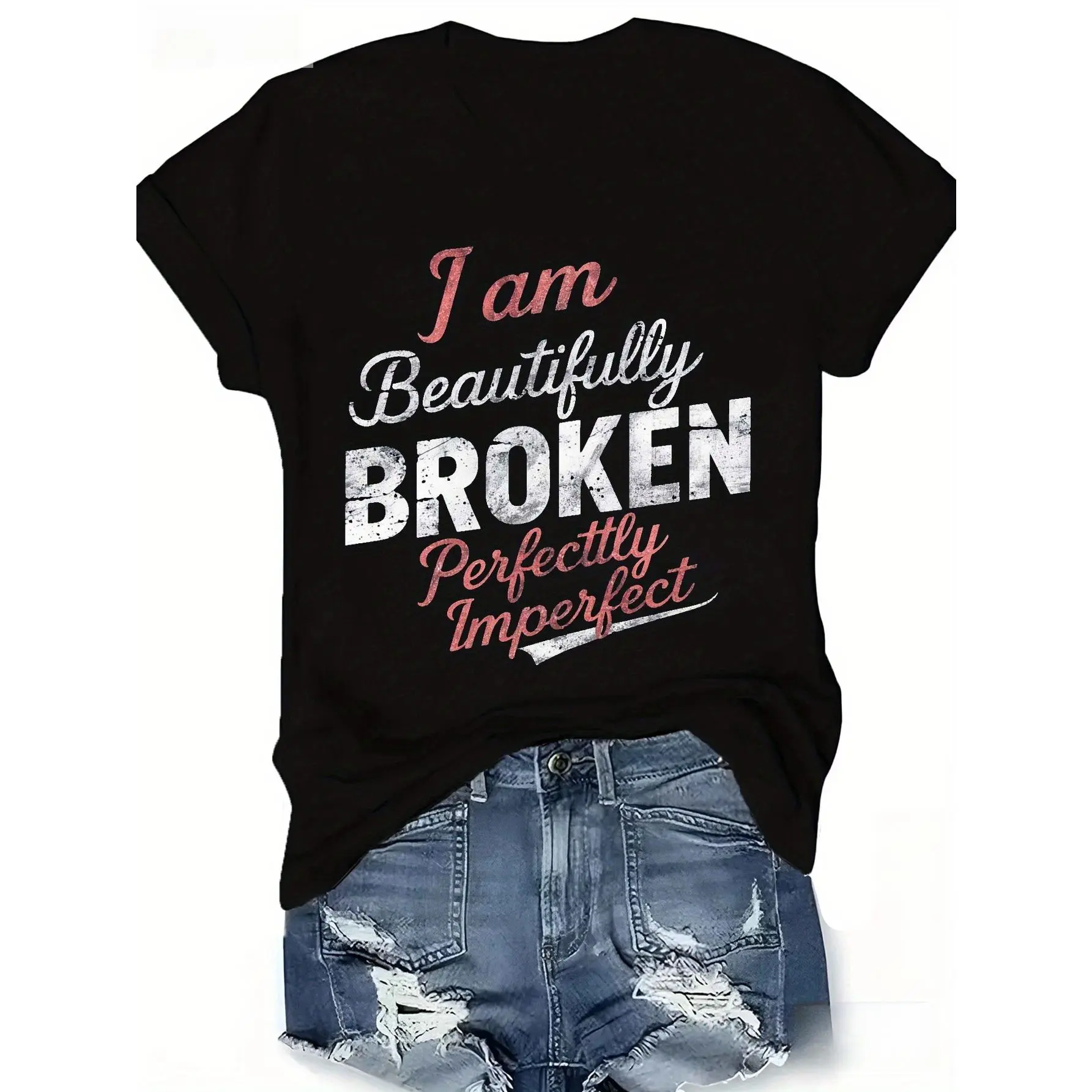 [100% Cotton] I Am Beautifully Broken, Perfectly Imperfect Women'S T-Shirt- Casual Sporty, Short Sleeve, Round Neck,  Black With Pink White Text, T-Shirt For Men And Women