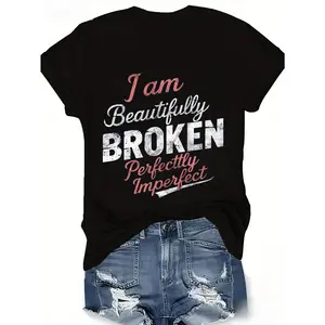 Bdhjydb [100% Cotton] I Am Beautifully Broken, Perfectly Imperfect Women'S T-Shirt- Casual Sporty, Short Sleeve, Round Neck,  Black With Pink White Text, T-Shirt For Men And Women