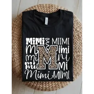MIMI Graphic Women'S T-Shirt - 100%, Short Sleeve, Crew Neck, Black with Leopard Print "mimi" Design, Casual & Comfortable Fit for Casual Attire