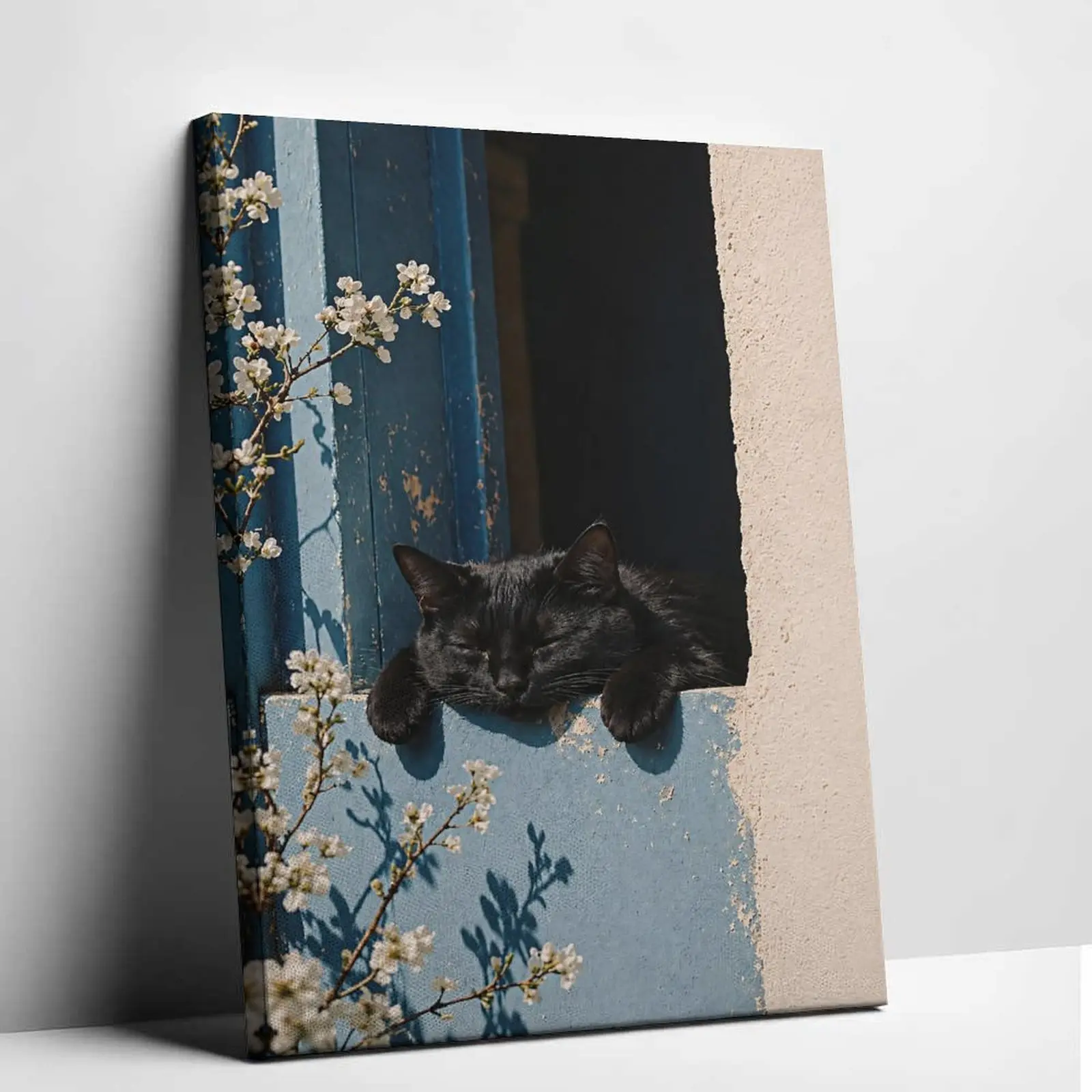 Sleeping Black Cat Canvas Wall Art Cute Kitty on Blue Window Poster Print Vintage French Countryside Canvas Painting White Flowers Graphic Picture Decor for Cozy Living Room Bedroom Studio