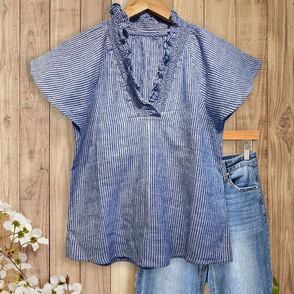 Sage Vell Blue White Striped Ruffle Neck Blouse Breathable Summer Style, Effortless Casual Chic Top, Fresh Womenswear For moms Teachers Students
