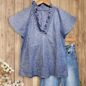 SageVell Blue White Striped Ruffle Neck Blouse Breathable Summer Style, Effortless Casual Chic Top, Fresh Womenswear For moms Teachers Students
