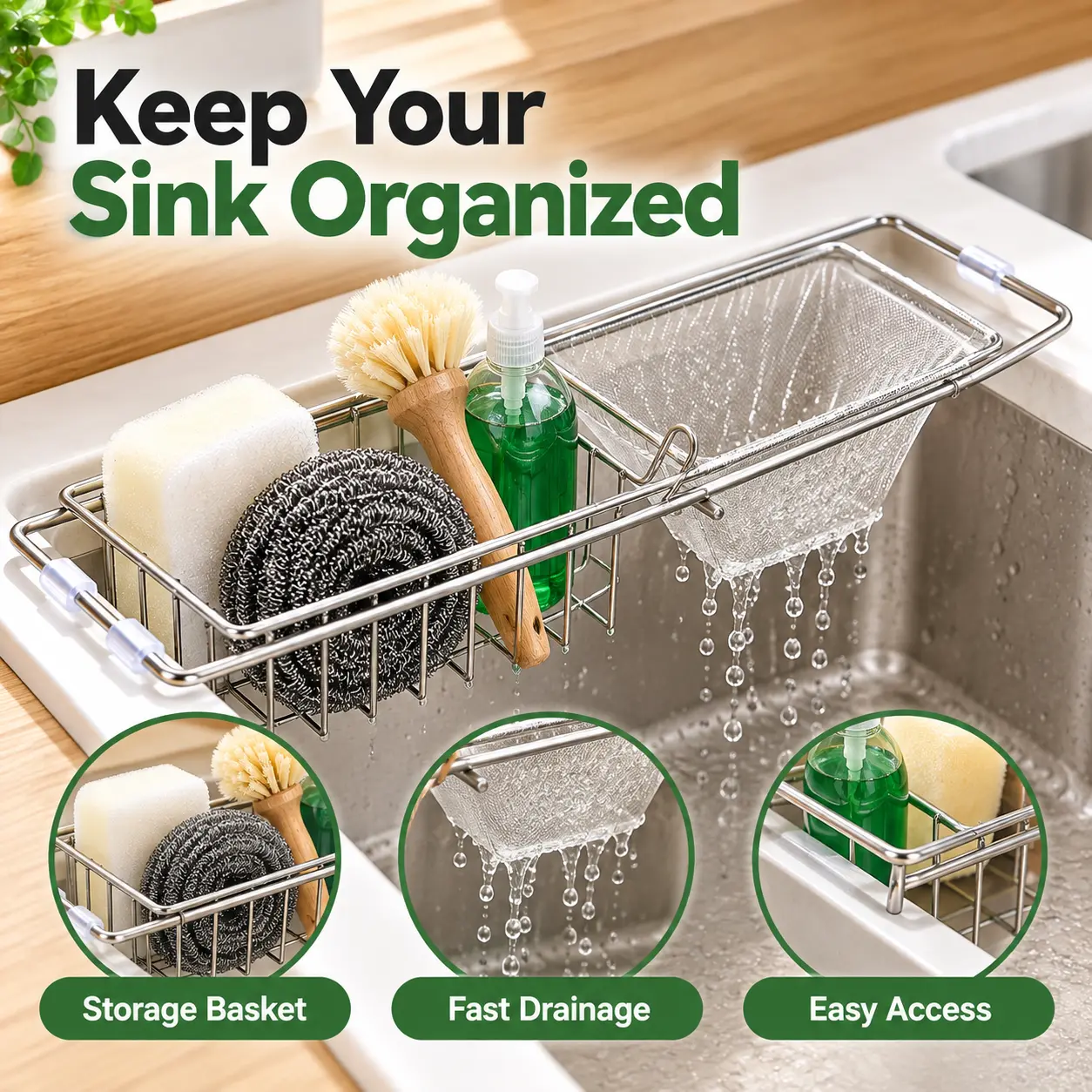 Expandable Kitchen Sink Strainer Rack, Disposable Mesh Filter Bags, Adjustable Over Sink Drain Basket and Food Waste Filter Bag Options for Kitchen Organization, Sponge Storage and Food Scrap Collection
