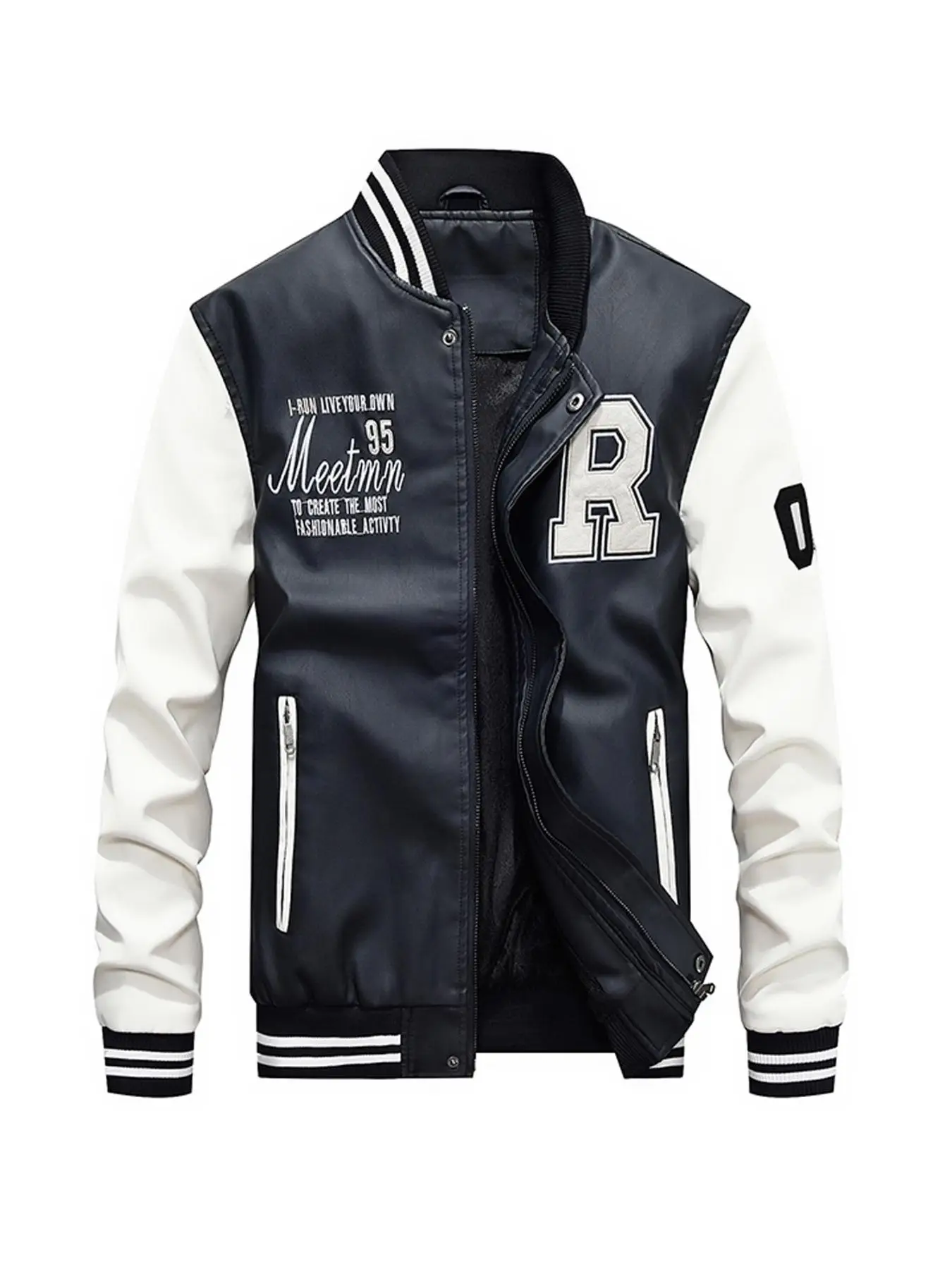 Men's PU Leather Bomber Jacket, Colorblock Letter Embroidery Pocket Zipper Jacket, Casual Street Preppy Jackets & Outerwear, Men Clothes