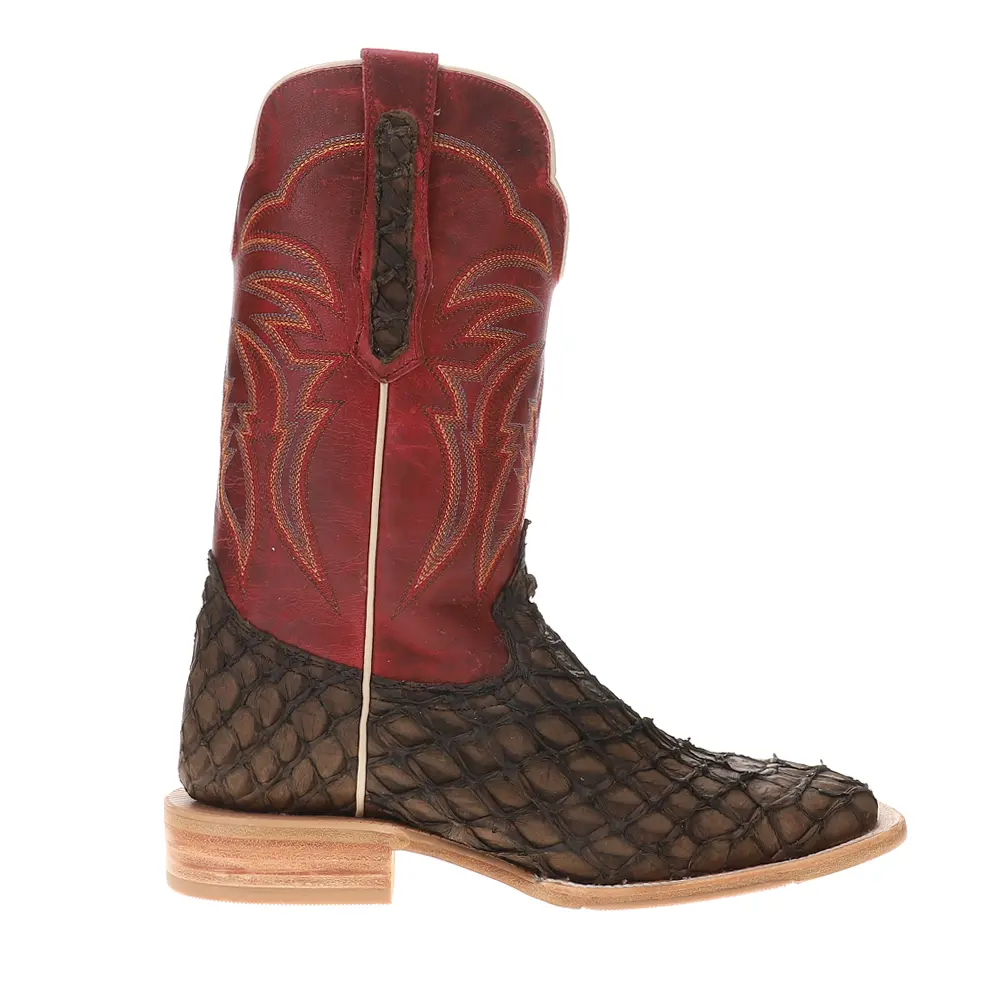 R. Watson Boots Mens Pirarucu Embroidered Wide Square Toe  Casual Boots Mid Calf - Brown, Red