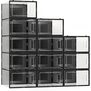 12 Pack X Large Shoe Storage Organizer for Closet Modular Space Saving Shoe Boxes Clear Plastic Stackable Containers Display Case Bins with Lids Black