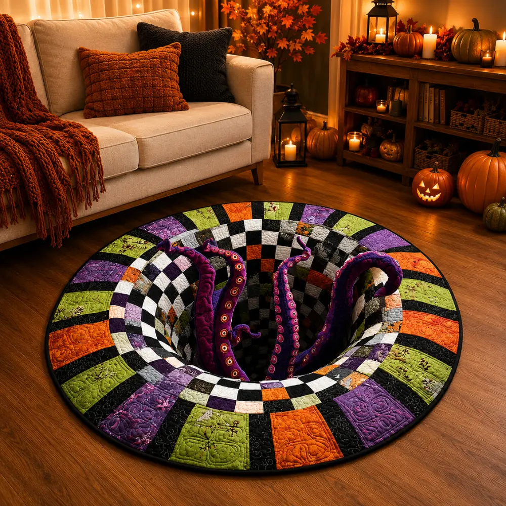 3D Halloween Optical Illusion Round Area Rug - Spooky Witch Monster Abyss Non-Slip Floor Mat for Living Room, Bedroom Decor