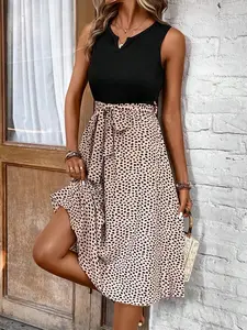 Sexy and beautiful Print Notched Neck Belted Dress