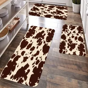 JIT 2/3 pcs kitchen flannel brown cow-patterned decorative carpet kitchen carpet set, flannel bedside set floor mat non-slip washable bedside soft carpet suitable for kitchen, laundry room, corridor floor running pad carpet