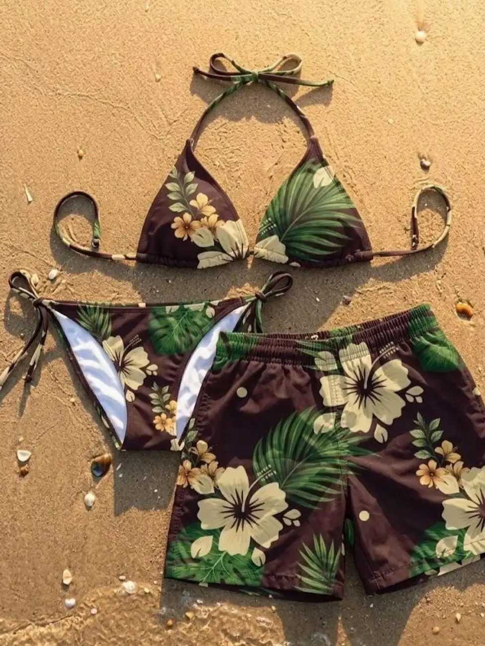 Matching Couple Swimwear Hibiscus Floral, His and Hers Summer Outfits, Matching Bikini and Men's Swim Trunks Set, Tropical Beachwear