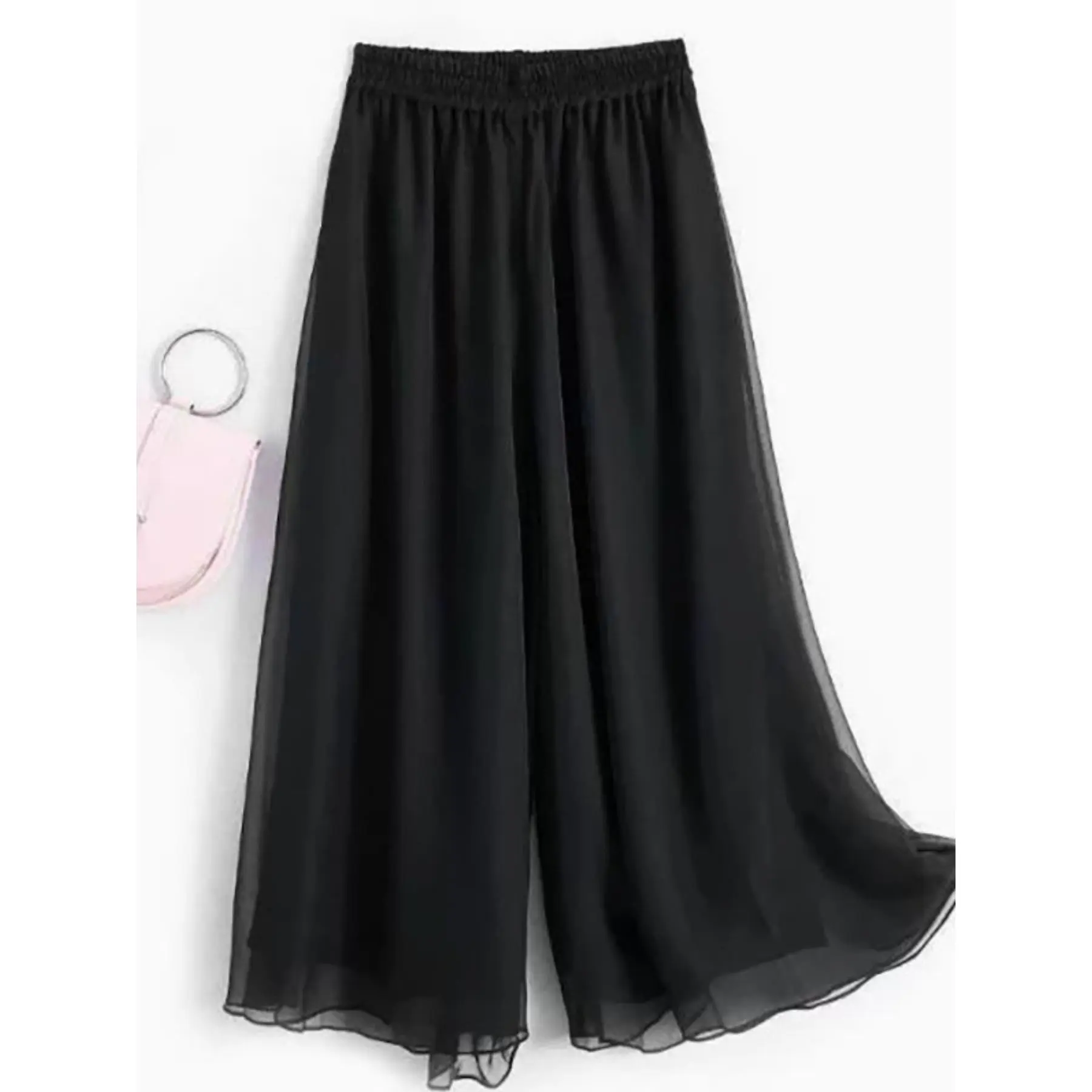 Women's Basic Minimalist Elegant Wide Leg Loose Chiffon Long Pants - Elastic Waistband, Mesh Pocket, Lightweight Breathable Solid Color Polyester, Suitable for Spring Summer Autumn