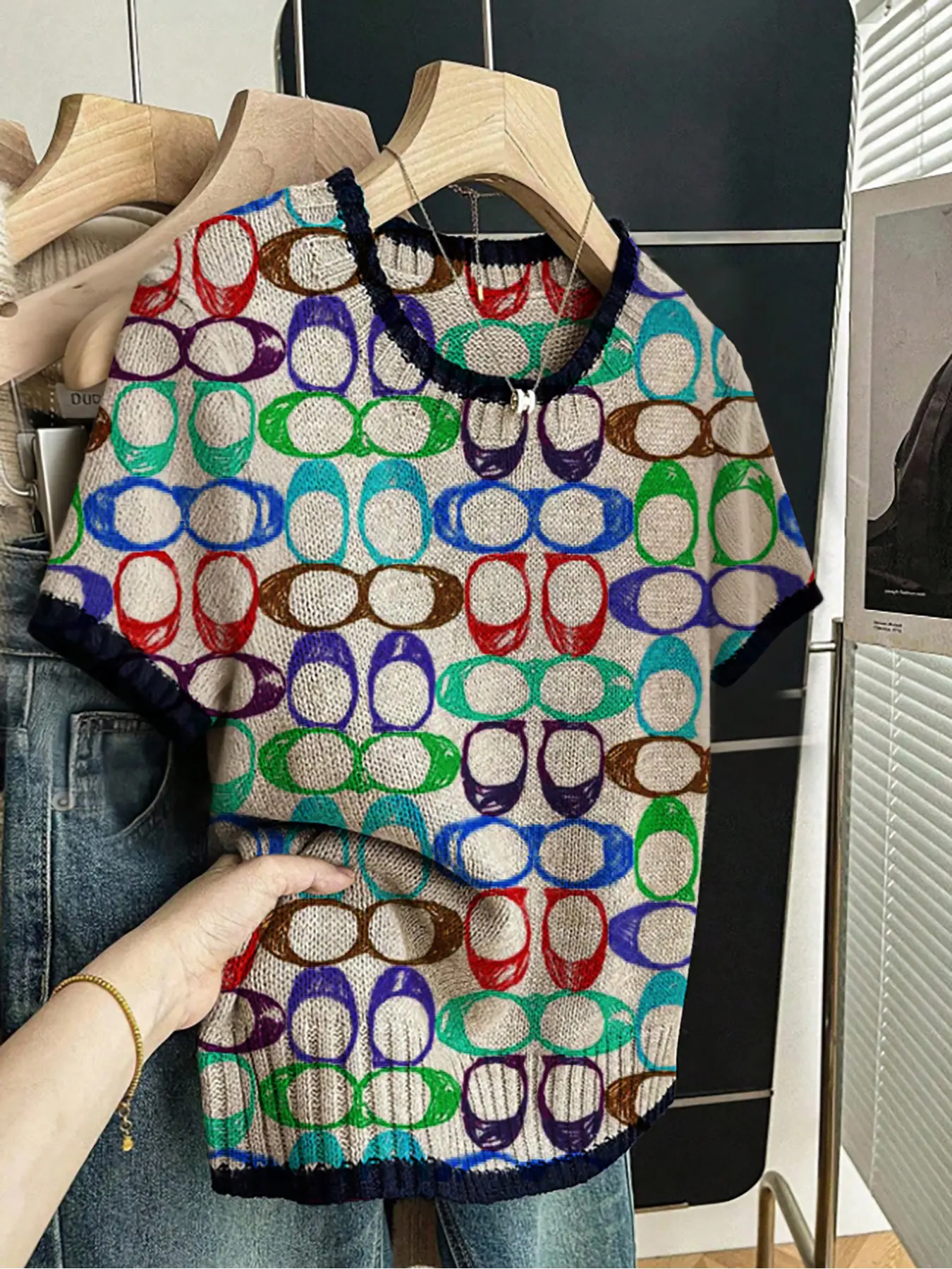 Geometric Print Round Neck Sweater, Casual Short Sleeve Knitwear for Spring Summer Fall, Comfortable Warm Women's Clothing