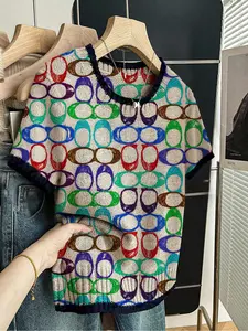 Geometric Print Round Neck Sweater, Casual Short Sleeve Knitwear for Spring Summer Fall, Comfortable Warm Women's Clothing