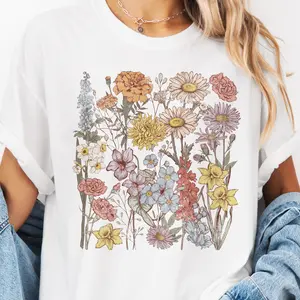 Boho Spring Flowers Graphic Tee Summer Floral Tshirt Neutral Floral Bouquet T-Shirt Casual Unisex Flower Top