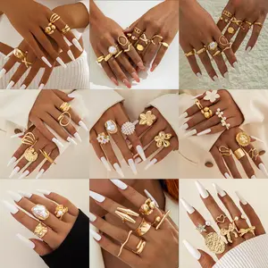 European and American style irregular pearl ring, vintage metal ring set, exaggerated geometric gold ring set