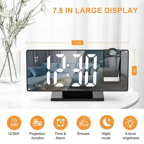 LED Digital Projection Alarm Clock - 7.8in Display, 180° Rotatable Projector, Black & White Light, Digital Dimmable Clock, Date & Week Display, Voice Control, 12/24H Format, Sleep Mode, USB Port, Home Bedroom Timekeeping Decor, Projection Clock,techvibes