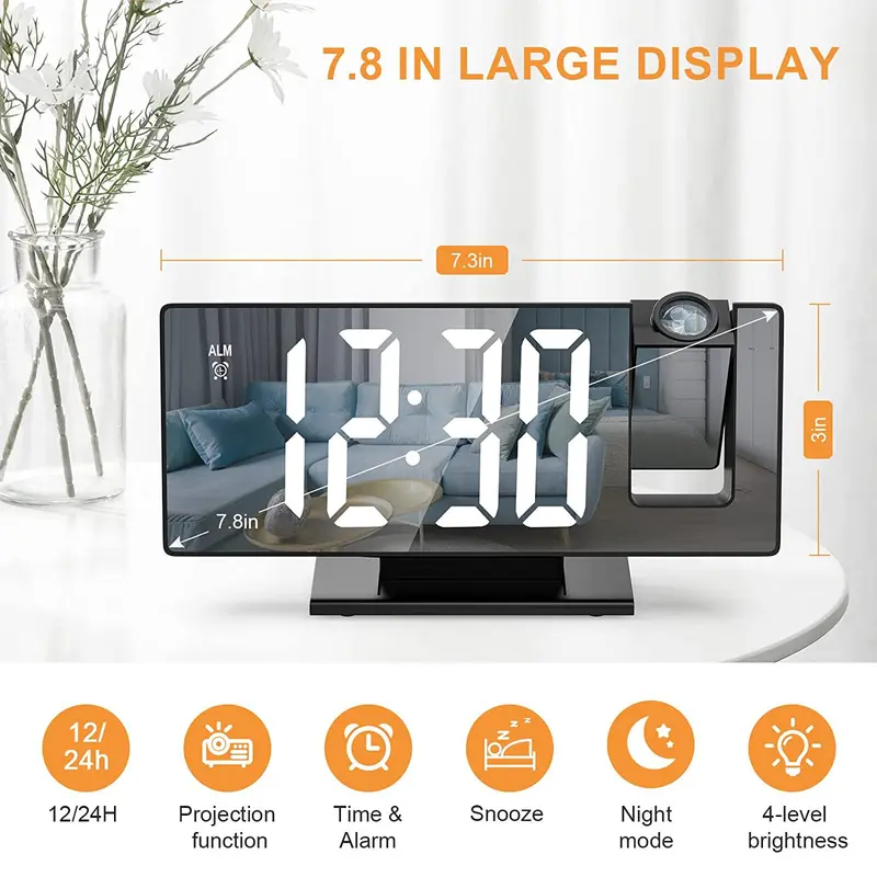 LED Digital Projection Alarm Clock - 7.8in Display, 180° Rotatable Projector, Black & White Light, Digital Dimmable Clock, Date & Week Display, Voice Control, 12/24H Format, Sleep Mode, USB Port, Home Bedroom Timekeeping Decor, Projection Clock,techvibes