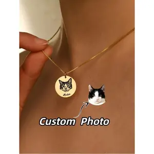 1 custom photo and name necklace, personalized metal round pendant necklace, laser-engraved photo and name, DIY pet portrait/pet name/date/symbol custom jewelry, elegant round pendant, simple and versatile necklace for women, Mother's Day commemorative gi