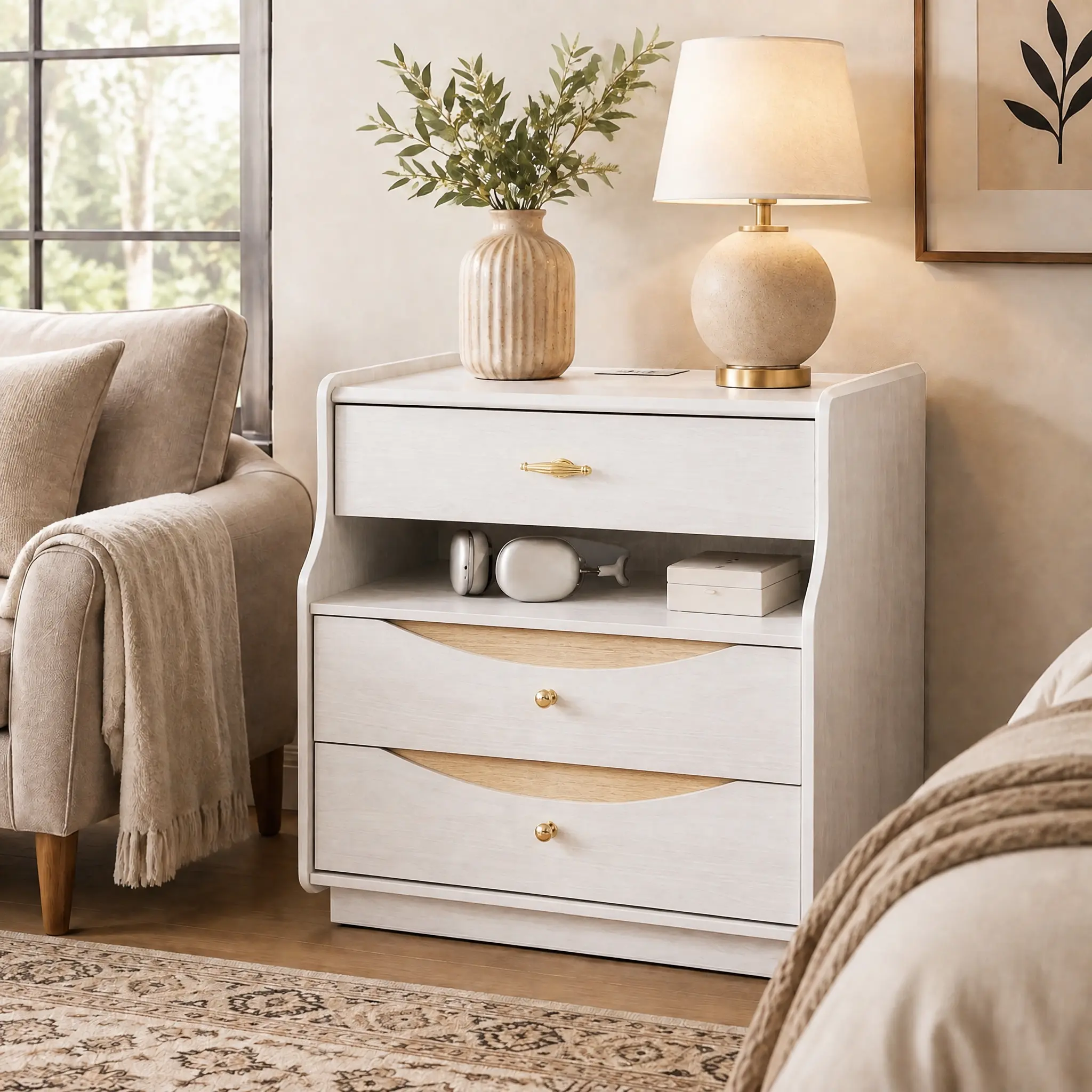 24 Inch Wide Nightstand with Charging Station, 3 Drawers & Open Storage Shelf, Oversized Modern Bedside Table, Multi-Functional End Table for Bedroom Living Room