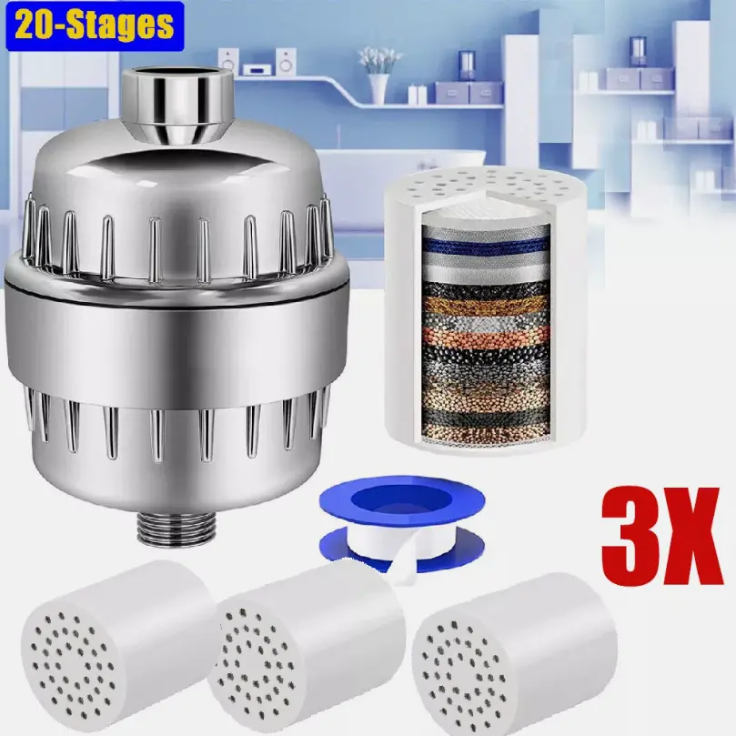 Filtered ABS Multi-Stage Shower Head Filter Set - 20-Stage, 3 Replaceable Cartridges for Hard Water, Twist-On (Tool-Free), Improves Performance, Fits Family Use, Aids Anti-Aging & Eczema Prevention, Shower Head Replacement Compatible