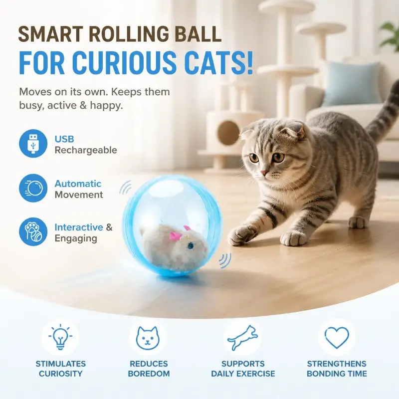 Smart Interactive Cat Toy Ball - Automatic Rolling Mouse, USB Rechargeable, Animal Shapes, Play-Stimulating Cat Accessory,summervibes