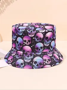 Skull Pattern Bucket Hat, Double-side Wear Reversible Summer Beach Sun Hat, Packable Fisherman Cap for Women Men Teens, Halloween