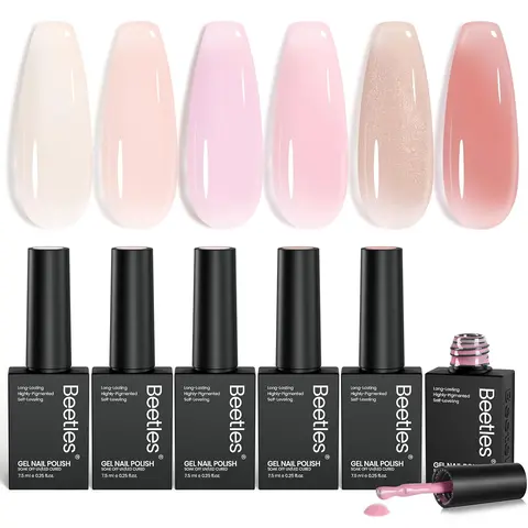 Beetles Manicure Jelly Gel Nail Polish Set,  Neutral Shimmer Translucent Sheer Gel Soak off Uv Nail Concealer Nail Art Manicure Gift for Women Gloss Clear Cosmetic Mother's Day gift Spring Nail Taste of Spring Summer Nail Vacation Nail