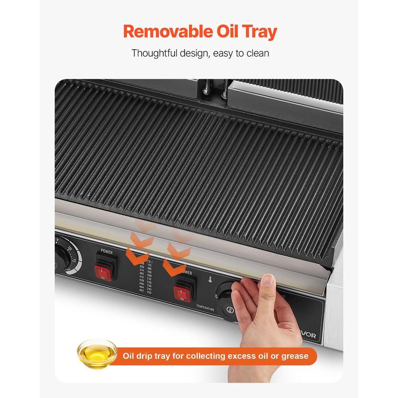 Commercial Panini Grill, 3600W Electric Sandwich Panini Maker, Stainless Steel Double Sandwichs Press with Handle and Temp Control, 19x9 in Full Grooved Enamel Plate, for Hamburger Steak Bacon