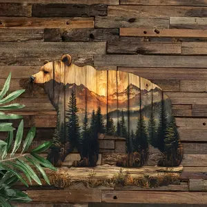 A wooden bear silhouette mural - rural landscape painting, sunset, suitable for home, wooden house, porch, garden decoration, outdoor mural | sunset mountain view | wooden texture