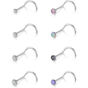 G23 Titanium 20G Nose Rings Studs for Women Men Hypoallergenic Cubic Zirconia Corkscrew Nose Piercing Jewelry 8Pcs Silver