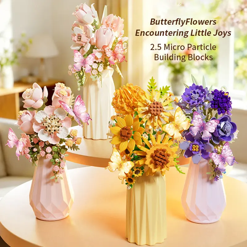 2.5 Micro Brick Flower Building Blocks Set - Rose with Vase, Mini Artificial Sunflower Bouquet, Creative DIY Artistic Toy Kit, Rose & Sunflower Micro Brick Kit | Father's Day | Memorial Day Gift,Decorative Room Decor, Love Gifts for Adults