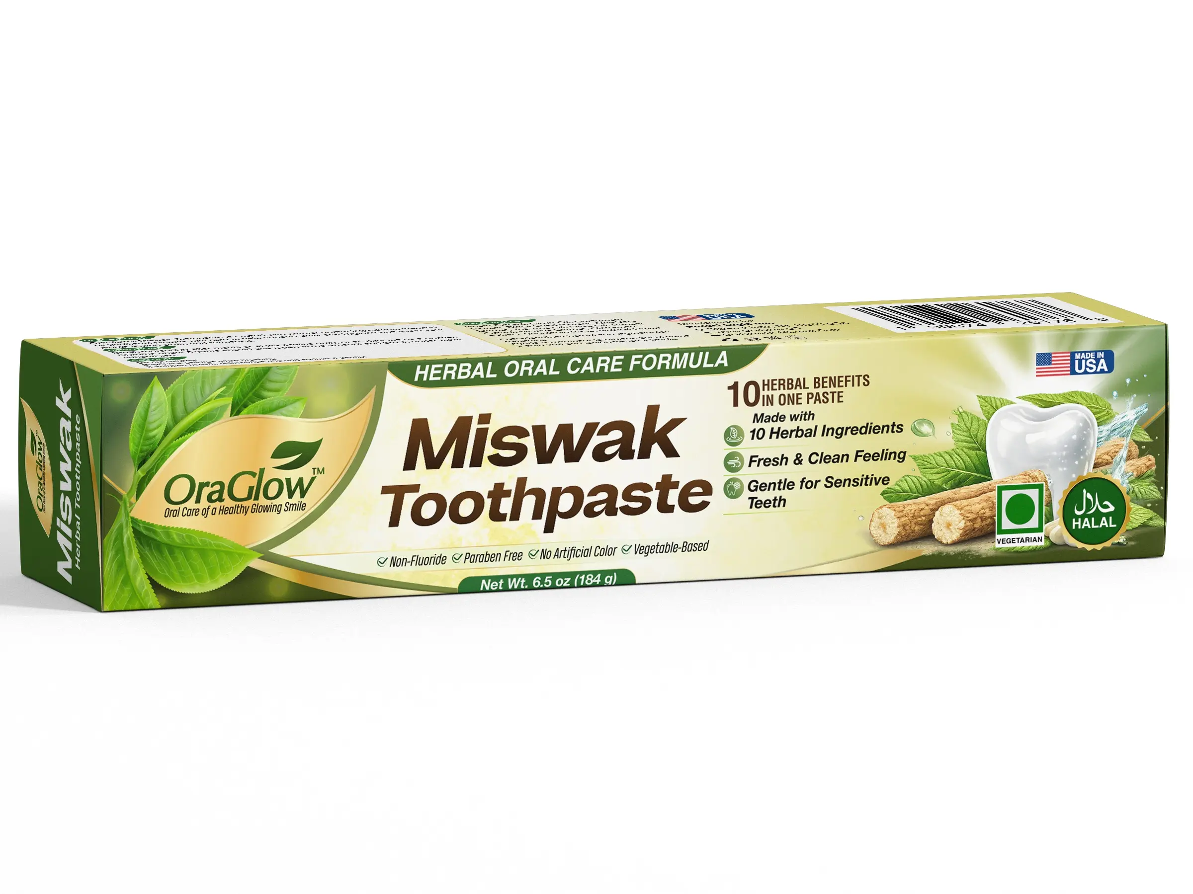 OraGlow Miswak 10-in-1 Herbal Toothpaste – Fresh Breath & Deep Clean | Fluoride & Paraben Free | Halal | Vegetable Base | Made in USA | 184g / 6.5 oz