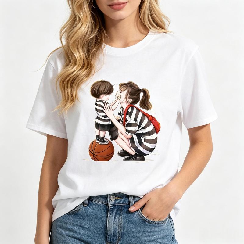 Women's Cotton Crew Neck Fitted Graphic Tee - Mom And Baby Basketball Print, Casual Top, Short Sleeve, Beach & Summer Outfit, Trendy Aesthetic Streetwear Style