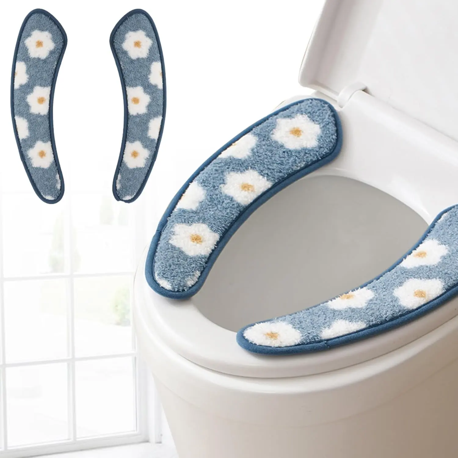 Thick and Warm Toilet Seat Cover  Washable,  Cushion with TPR Adhesive & Floral  for Comfort & Insulation (Blue)
