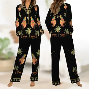 Women’s Coconut Tree Peacock Monkey Plant Short Sleeve Satin Pajama Set, Tropical Peacock Monkey Short Satin Pajama Set for Women, Coconut Tree Plant Print Sleepwear, Silky Button Up Pajama Shorts, Summer Lounge, Gift for her