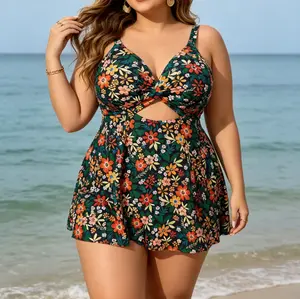 Plus Size Floral Print Swim Dress with Cutout Waist, Built-in Brief Liner - One-Piece Swimsuit with V-Neck Twisted Bust, Midriff Keyhole Cutout, Flared Skirt Hem, retro colorful flower pattern, comfy full coverage swimwear with inner bottom wear
