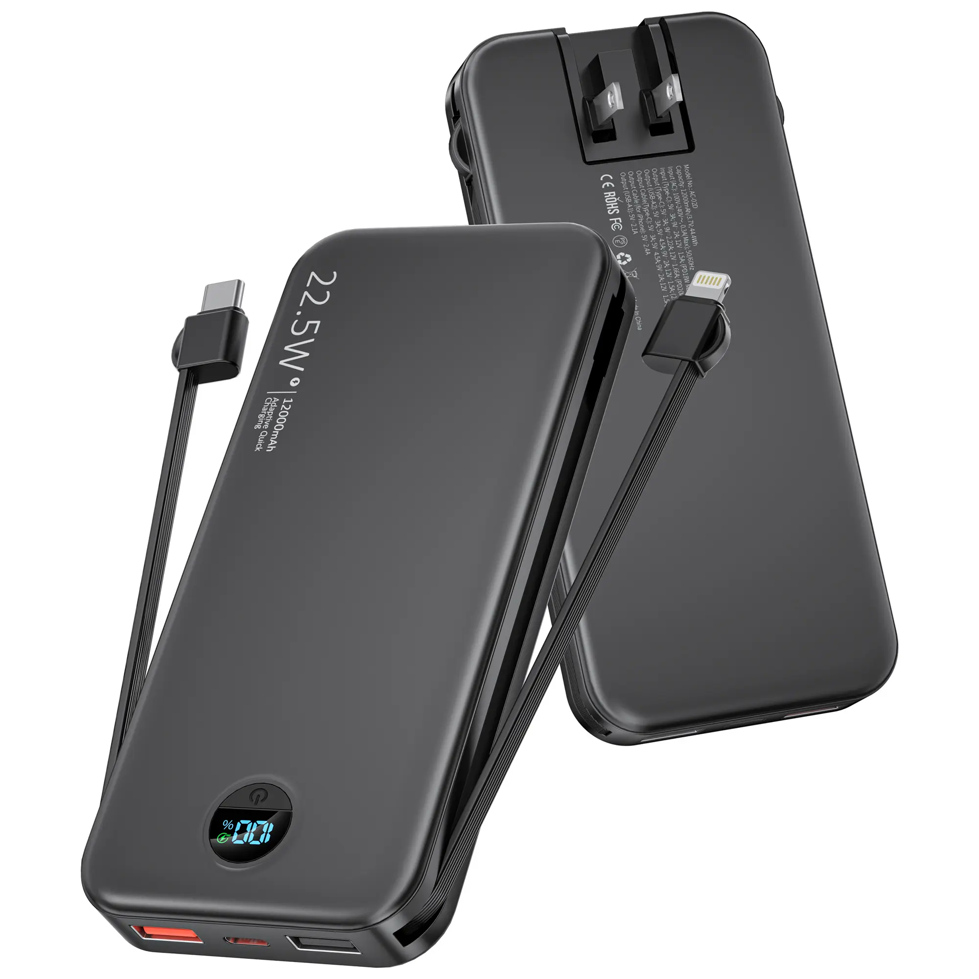 Diamuar 12000mAh Lightweight-Portable-Charger-Power-Bank with Built-in Cables and AC Wall Plug, PD20W USB-C Fast Charging Battery Pack, LED Display External Travel Phone Charger for All iPhone,Samsung,Android outdoorfun backtoschool