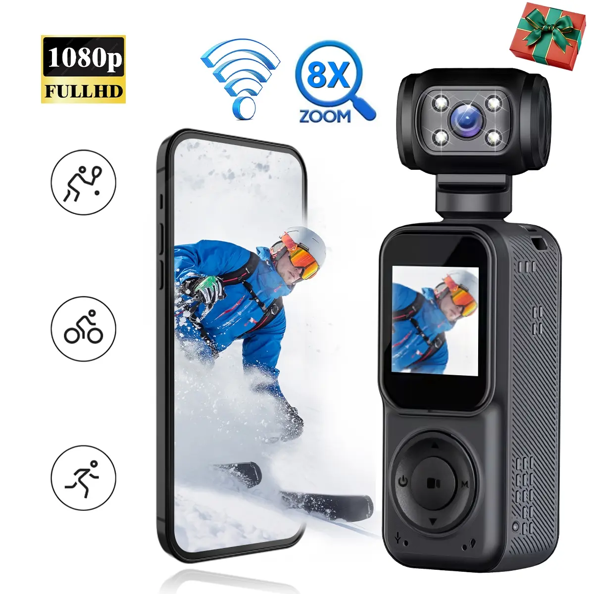 Mini Action Camera with Audio & Video Recording, 1080P Body Camera,  Handheld Video camera, 180° Rotating Lens & 8x Zoom, for Cycling, Travel, Vlogging, Birthday Gift