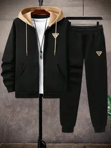 Manfinity Homme 2Pcs Men'S plus Size Letter Zip-Up Hoodie Sweatshirt and Sweatpants Casual Loose Fit Tracksuit Set for Fall/Winter SHEIN